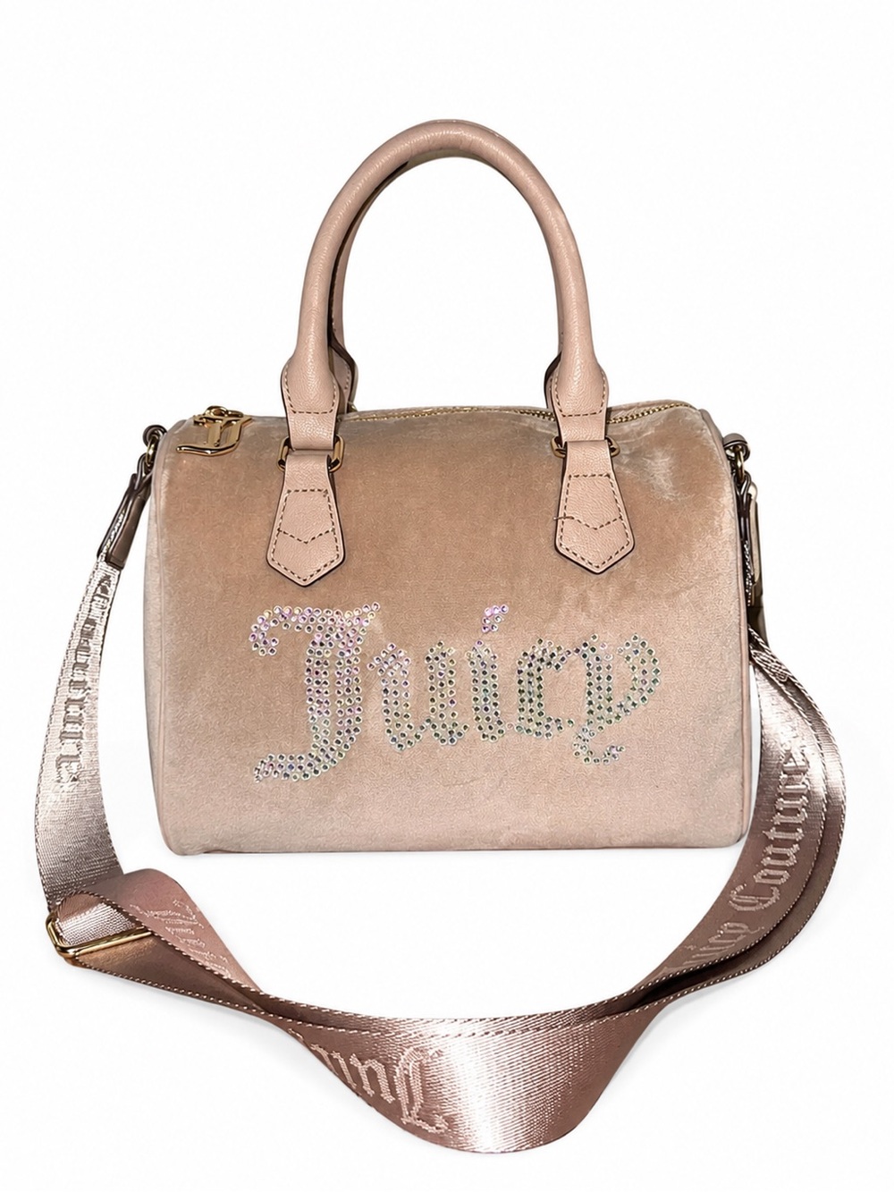 Juicy Couture Rose Gold Velvet Satchel with Crystal Logo
